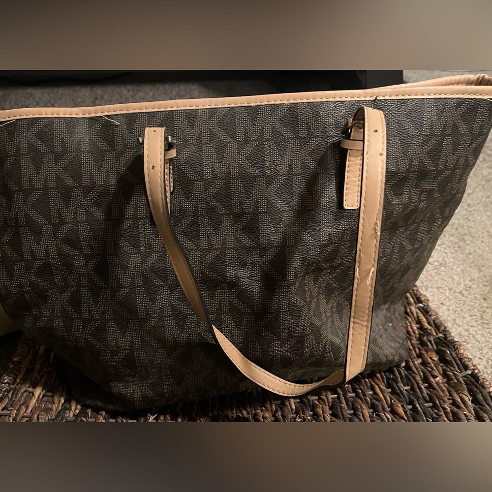 Michael Kors Brown MK Logo Tote with Tan Trim